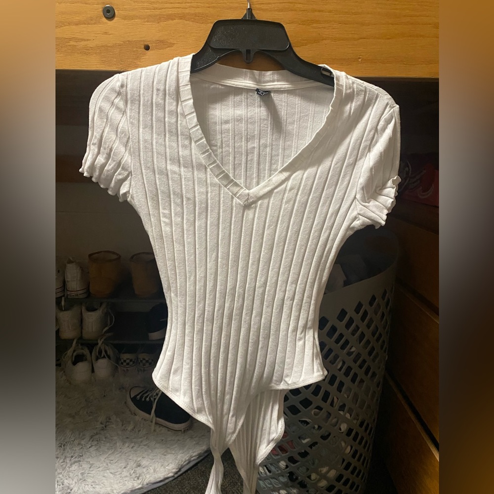 SHEIN Lettuce Trim Rib Knit Bodysuit White M